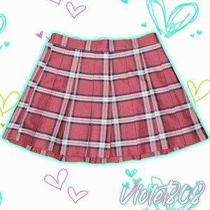 [L] Ardene Red/White Pleated Plaid/Tartan Mini School Uniform Skirt